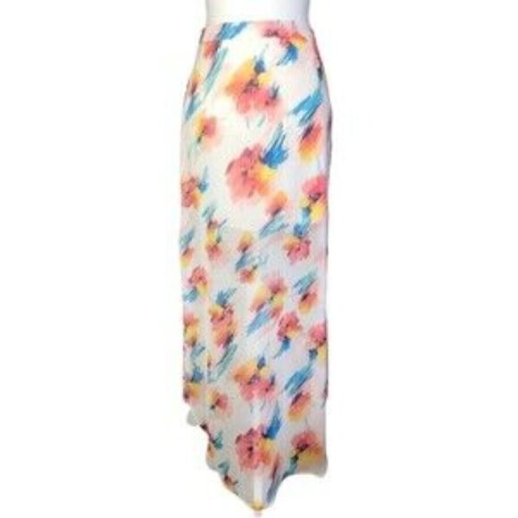 Lush Dresses & Skirts - Lush Floral Hi-Low Maxi Skirt Medium Watercolor Print Side Slits White Multi
